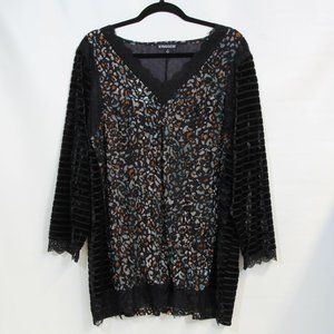 The Pyramid Collection Black Lace V-Neck LS Velvet Animal Print Size Women's 1X